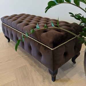 Brown Large Velvet Ottoman with Storage Box, Velvet Entryway Bench, Chesterfield Ottoman Pouf