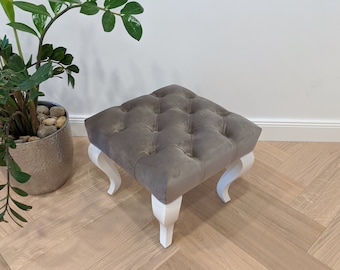 Small Gray Chesterfield Ottoman | Gray Velvet Ottoman | Pouf Ottoman | Dressing Room Furniture | Home Decorative Furniture