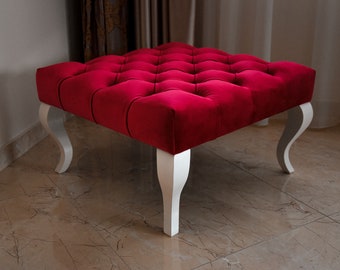 Chesterfield Red Velvet Pouf Ottoman, Velvet Ottoman, Ottoman, Chesterfield Style Pouf, Hassock Ottoman