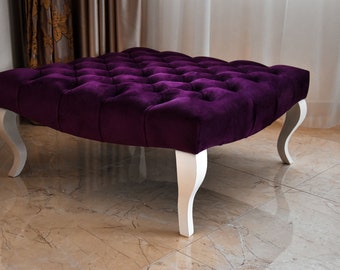 Chesterfield Ottoman/Coffee Table | Large Deep Buttoned Ottoman | Chesterfield Style Coffee Table | Square Ottoman | Purple Ottoman