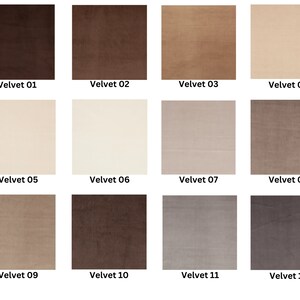 May include: Twelve fabric swatches in various shades of brown, beige, and gray. The swatches are labeled with the names "Velvet 01" through "Velvet 12".