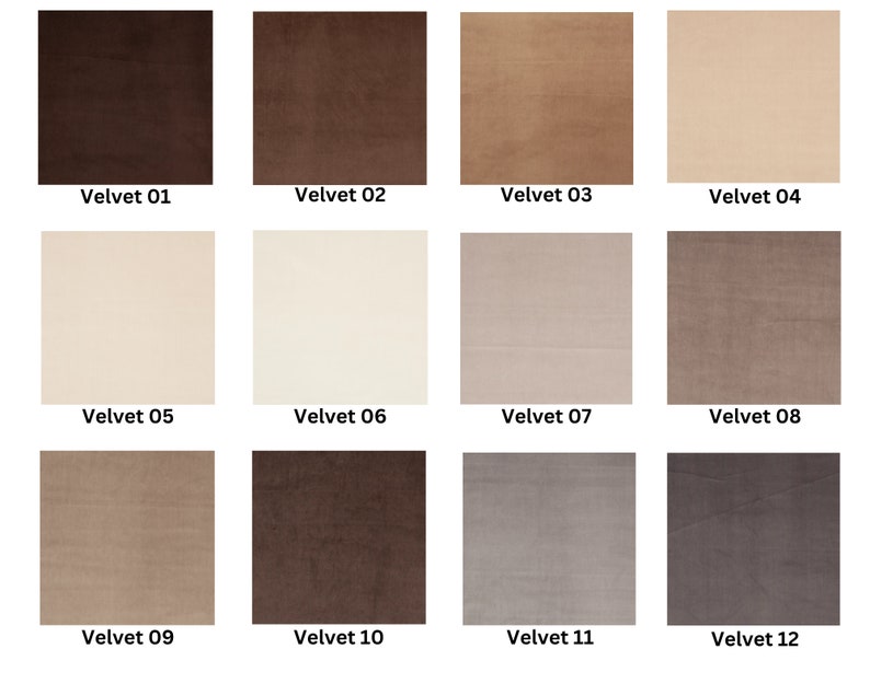 May include: Twelve fabric swatches in various shades of brown, beige, and gray. The swatches are labeled with the names "Velvet 01" through "Velvet 12".