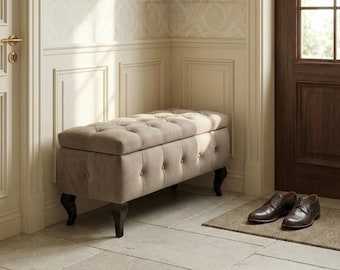 Pouf contenitore in velluto color tortora, panca con poggiapiedi quadrato