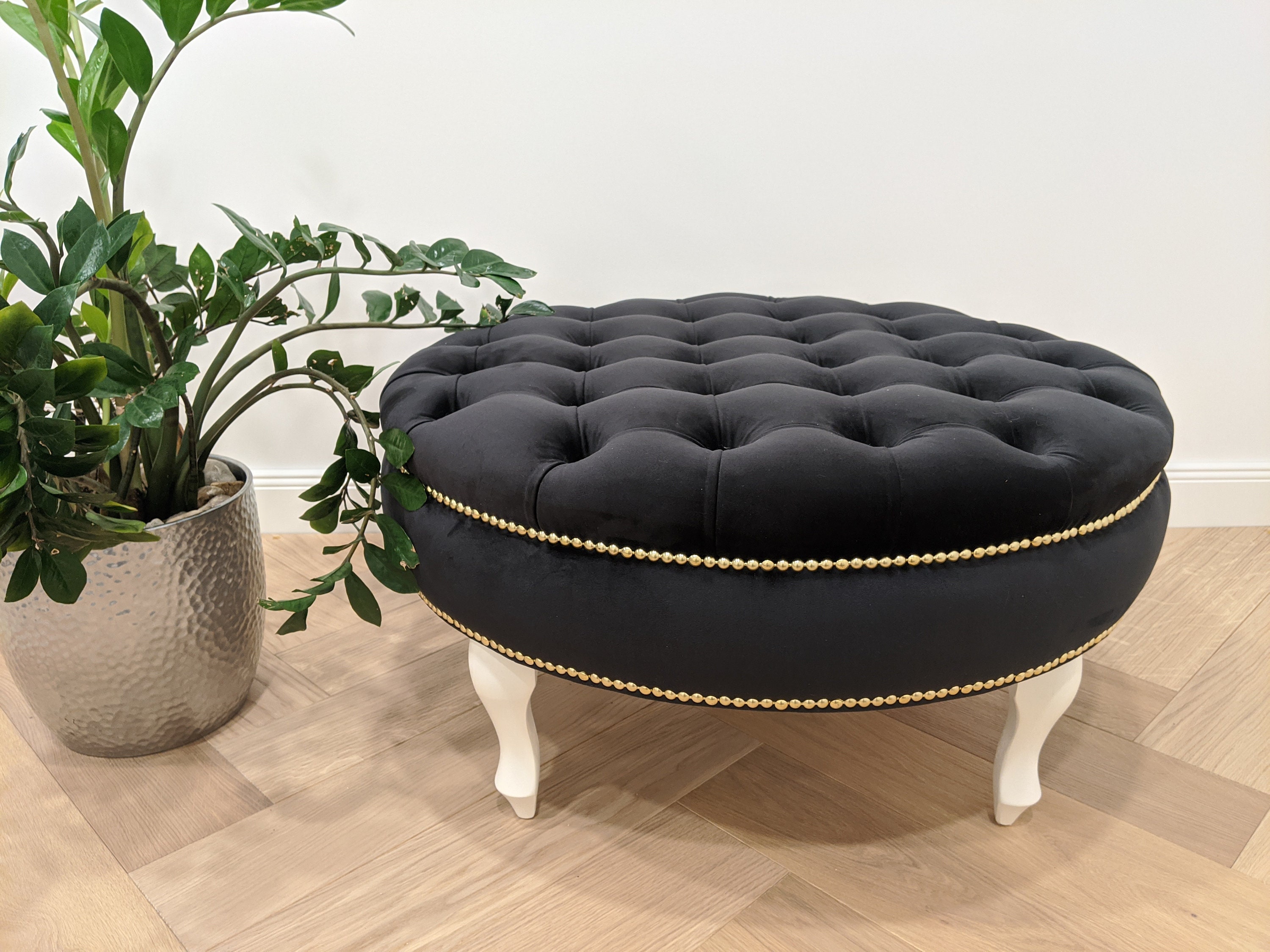 Round Chesterfield Ottoman With Rivets Deep Buttoned Coffee Table