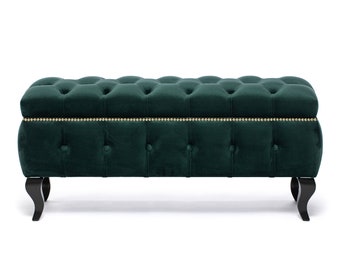 39,4" Entryway/Bedroom Storage Bench in Emerald Green Velvet with Hardwood Legs