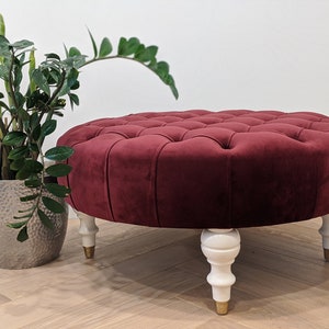 Burgundy Velvet Ottoman: Round Chesterfield Style Pouf with Wood Legs