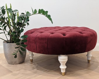 Burgundy Red Round Pouf Ottoman | Velvet Ottoman | Four Legged Ottoman | Burgundy Red Ottoman | Round Pouf