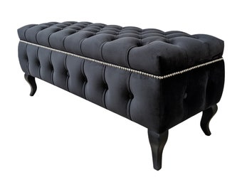 39" Entryway/Bedroom Storage Bench in Black Velvet with Oak Wood Legs