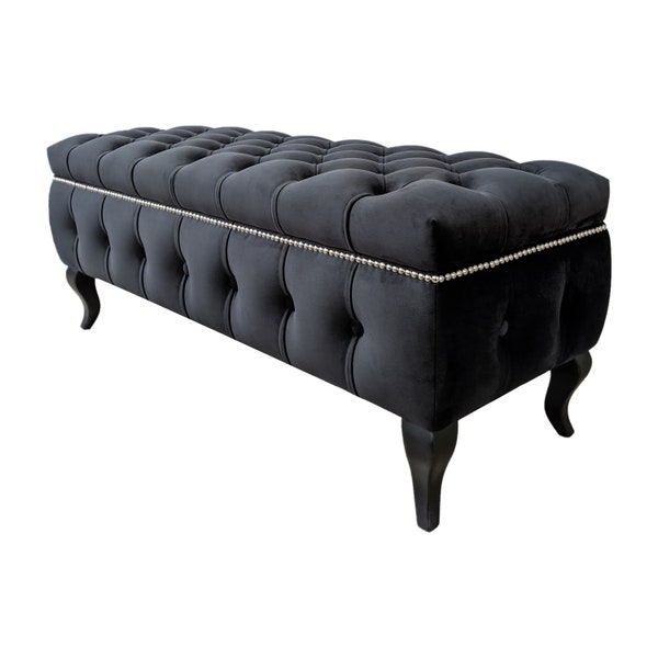 Banc de rangement 39 po. pour entrée/chambre à coucher en velours noir avec pieds en chêne