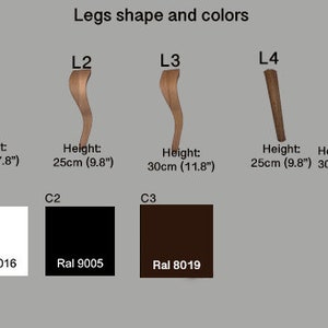 May include: Five different leg shapes for furniture, labeled L1 through L5. Each leg is shown in a wood tone finish.  The height of each leg is listed in inches and centimeters.  Below the legs are three color swatches labeled C1, C2, and C3.  The color swatches are white, black, and brown.  The RAL color code for each swatch is listed below: Ral 9016, Ral 9005, Ral 8019.