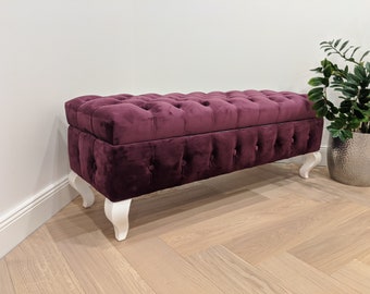 Purple Velvet Bench/Ottoman with Storage Box, Chesterfield Deep-Buttoned Entryway/Bedroom Bench