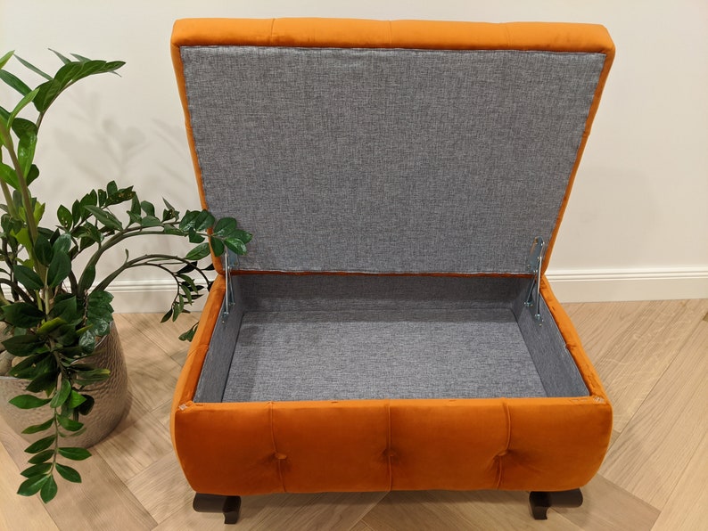 Orange Velvet Ottoman with Storage Box, Chesterfield Ottoman, Dressing Room Decor, Classic Furniture image 4