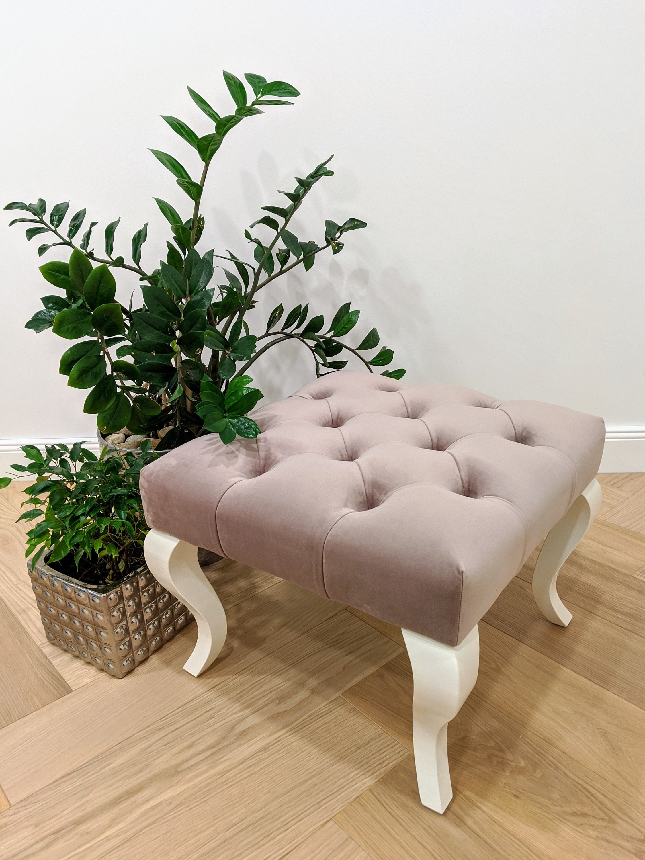 Dusty Pink and White Chesterfield Pouf Ottoman Pink Velvet