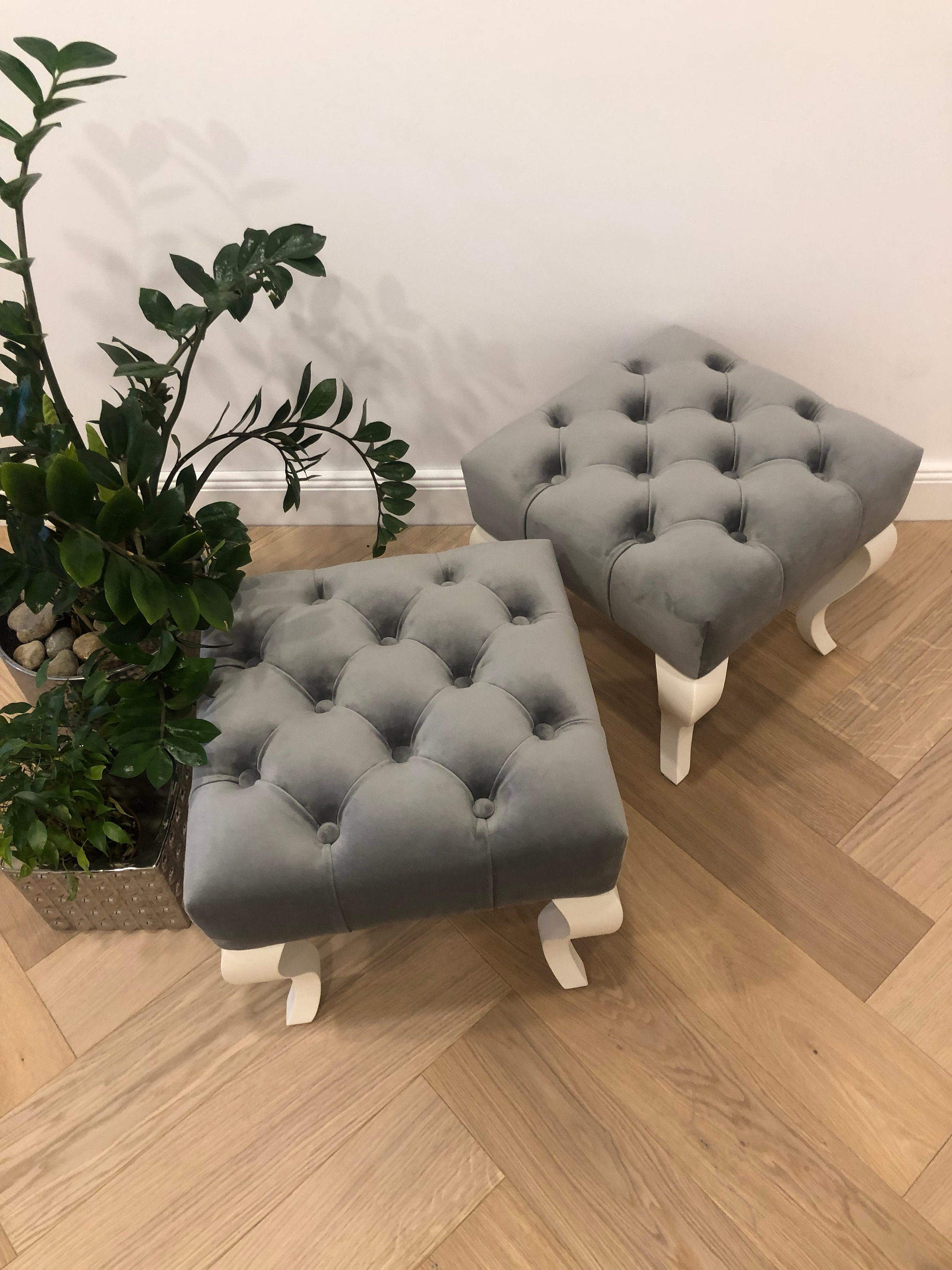 Set of 2 Gray Velvet Pouf Ottoman Gray Velvet Ottoman Pouf Etsy