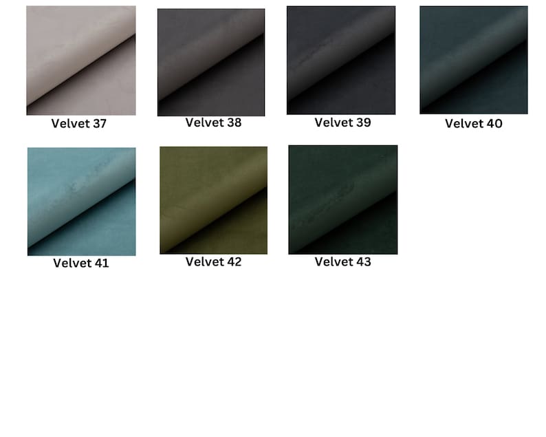 May include: Swatch cards showing different colors of velvet fabric. The colors are: light gray, dark gray, black, dark teal, light blue, olive green, dark green.