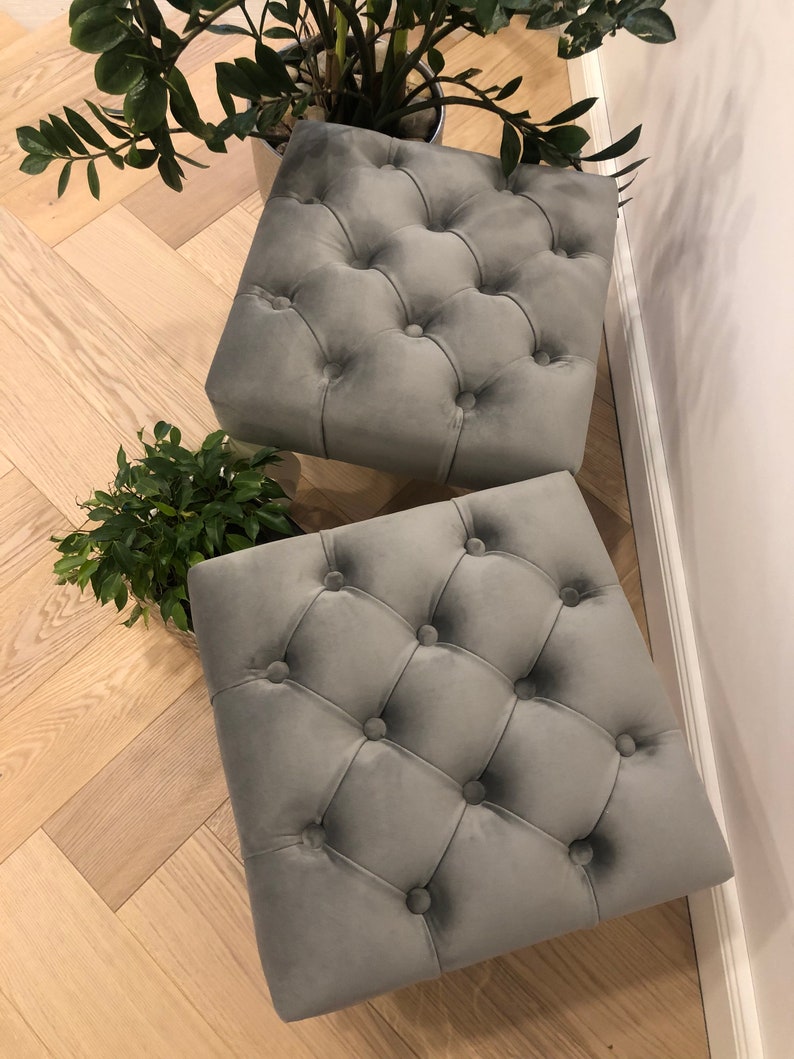 Set of 2 Gray Velvet Pouf Ottoman Gray Velvet Ottoman Pouf Etsy