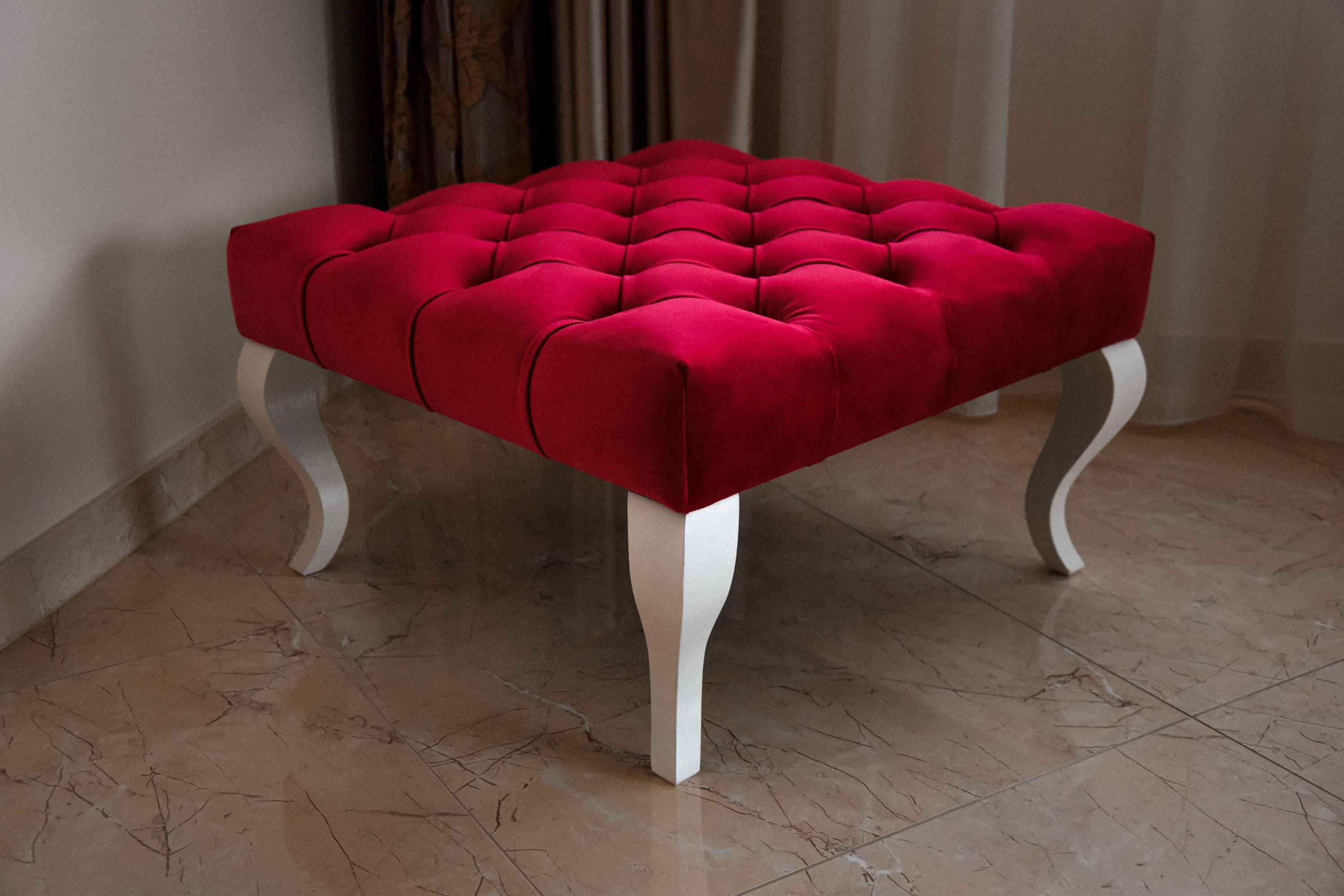 Chesterfield Red Velvet Pouf Ottoman Velvet Ottoman Ottoman