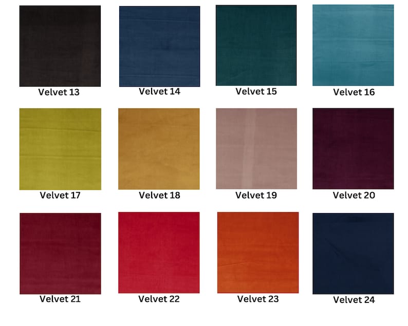 Op de afbeelding: Een verzameling van 12 stofstalen in verschillende kleuren, waaronder zwart, blauw, groen, teal, geel, goud, roze, bordeauxrood, rood, oranje en marineblauw. De stalen zijn genummerd van 13 tot en met 24.
