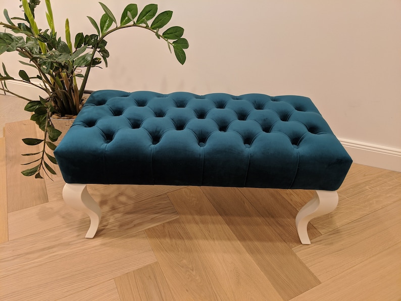 Emerald Green Velvet Pouf Ottoman Velvet Ottoman Chesterfield Pouf Ottoman Four Legged Ottoman Custom Room Decor Entryway Bench image 2