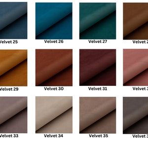 May include: Twelve fabric swatches in various colors, including blue, teal, brown, orange, red, pink, gray, and beige. Each swatch is labeled with a number from 25 to 36, indicating the color variation.