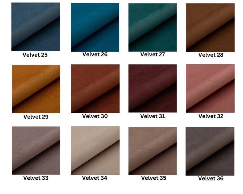 May include: Twelve fabric swatches in various colors, including blue, teal, brown, orange, red, pink, gray, and beige. Each swatch is labeled with a number from 25 to 36, indicating the color variation.