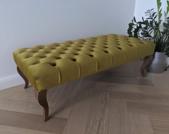 Mustard Yellow Wide Bench Ottoman | Chesterfield Bench | Entryway Bench Ottoman | Velvet Bench Ottoman | Bedroom Bench | Deep Buttoned Bench