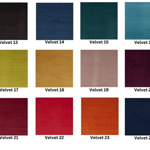 May include: A collection of 12 fabric swatches in various colors, including black, blue, green, teal, yellow, gold, pink, burgundy, red, orange, and navy. The swatches are labeled with numbers 13 through 24.