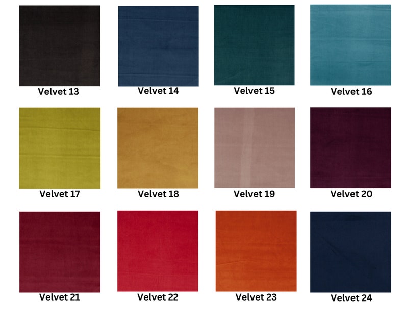 May include: A collection of 12 fabric swatches in various colors, including black, blue, green, teal, yellow, gold, pink, burgundy, red, orange, and navy. The swatches are labeled with numbers 13 through 24.