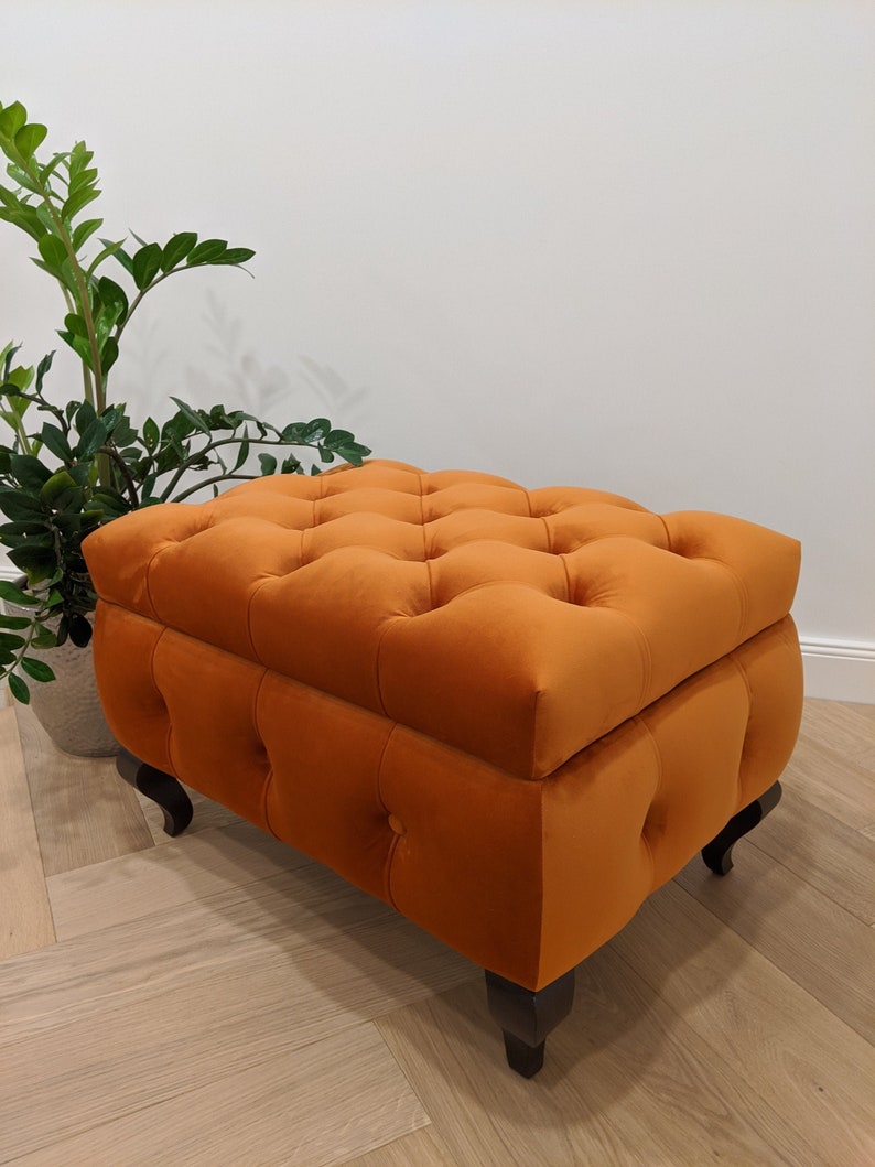 Orange Velvet Ottoman With Storage Box Chesterfield Ottoman Etsy