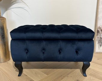 23,5" Entryway/Bedroom Storage Bench in Black Velvet with Wood Legs