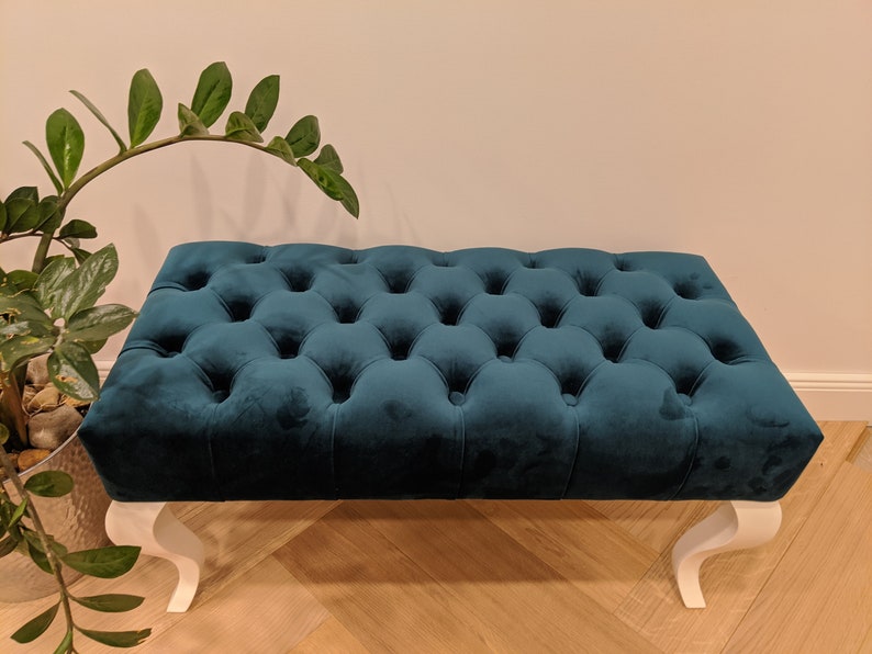 Emerald Green Velvet Pouf Ottoman Velvet Ottoman Chesterfield Pouf Ottoman Four Legged Ottoman Custom Room Decor Entryway Bench image 5