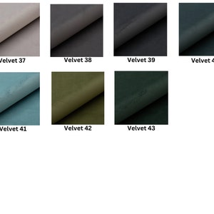 May include: Swatch cards showing different colors of velvet fabric. The colors are: light gray, dark gray, black, dark teal, light blue, olive green, dark green.