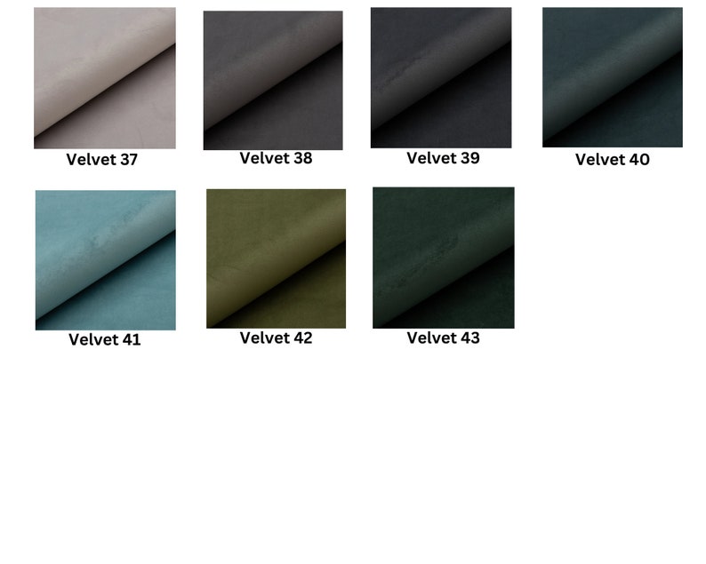 May include: Swatch cards showing different colors of velvet fabric. The colors are: light gray, dark gray, black, dark teal, light blue, olive green, dark green.