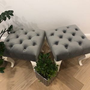 Set of 2 Gray Velvet Pouf Ottoman | Gray Velvet Ottoman | Pouf Ottoman | Four Legged Ottoman | Matching Ottoman Set