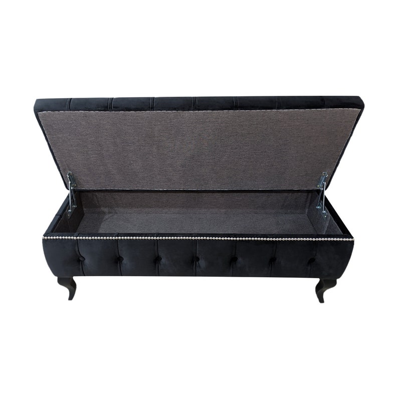 39 Entryway/Bedroom Storage Bench in Black Velvet with Oak Wood Legs image 3