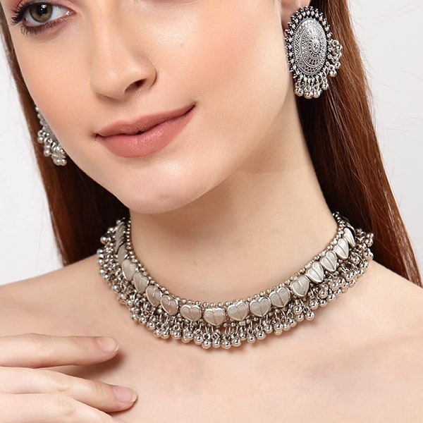 Bollywood Oxidised Silver Plated handmade Jewellery set/ Party wear Jewelry set/ Oxidized choker necklace with statement studs earring