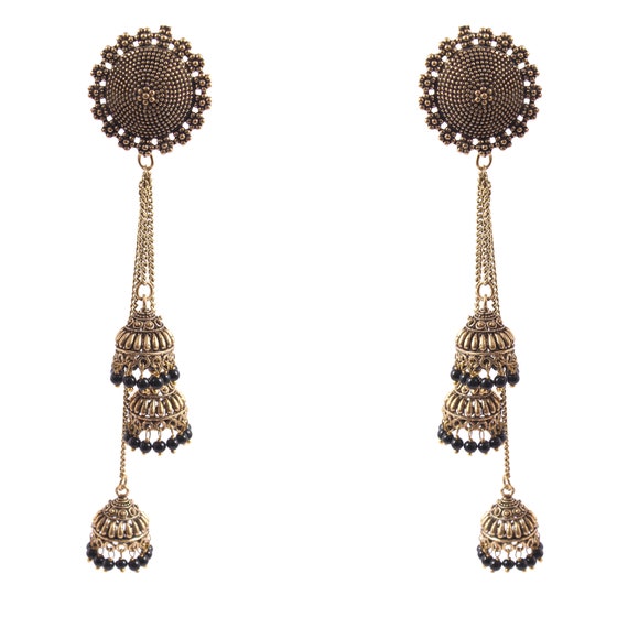 Handmade Afghani Kashmiri Style Earrings Jhumki Gold Plated Black