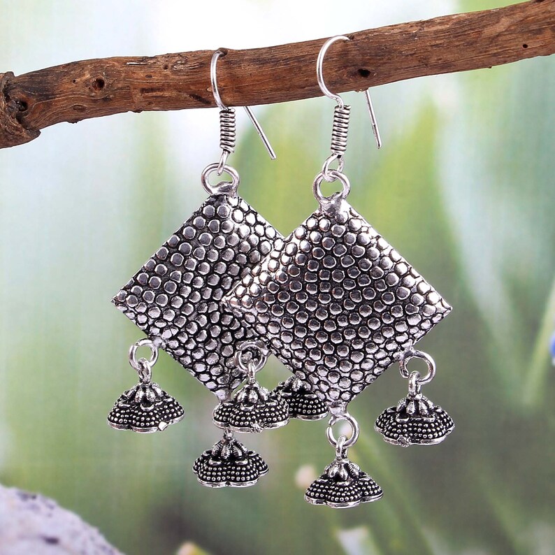 Oxidized Handmade Hanging Fish Shape Eardrop Tribal Jhumka Jhumki Earrings Metal Chandbali Earwire Jhumki Earring for Women and Girls