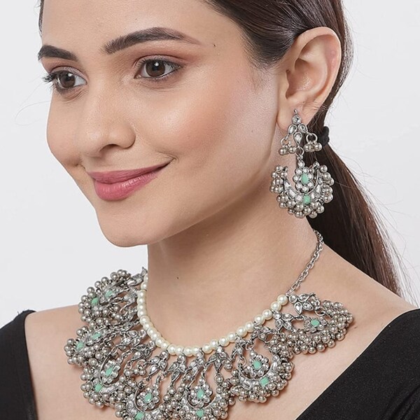 Oxidized silver choker/necklace/indian jewellery/jewellery set/necklace with earrings/jewellery for saree/ethnic wear/jewellery/ethnic