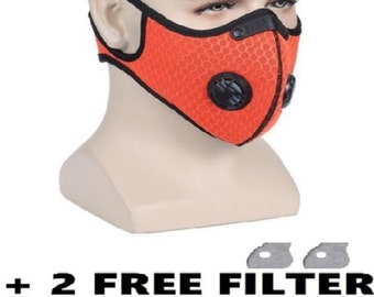 Orange Face Mask with Protective 5 Layer PM 2.5 Activated Carbon Filter& Breathing Valve - Reusable and Washable - Nose Clip + 2 Free Filter