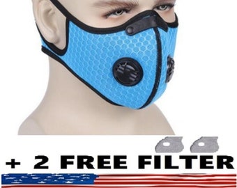 Blue Face Mask with Protective 5 Layer PM 2.5 Activated Carbon Filter & Breathing Valve - Reusable and Washable - Nose Clip + 2 Free Filter
