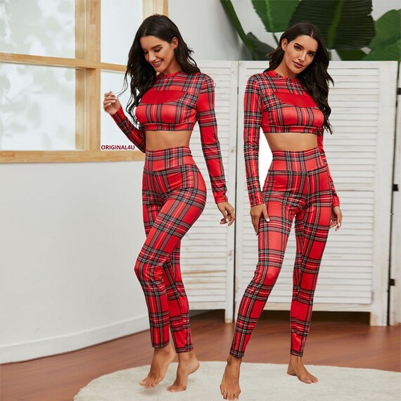Grid print crop best sale top & pants set