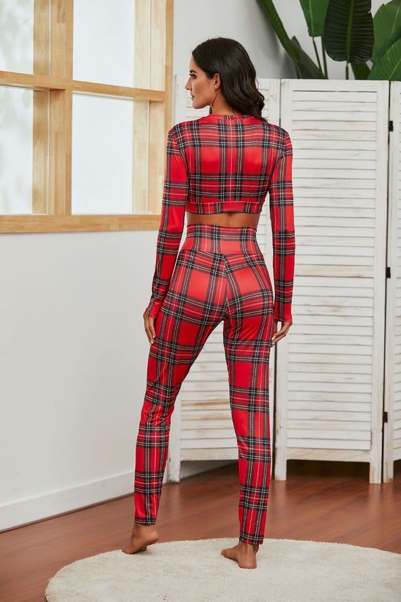 Grid print crop shop top & pants set