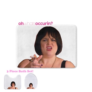 Nessa 3 piece bath set,gavin and staceymfunny gifts,funny doris gifts,bath mat,toilet cover,oh whats occuring,funny nessa gifts