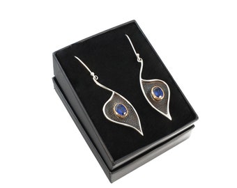 May include: A pair of silver dangle earrings with a leaf-like design, each featuring a textured dark gray interior and a blue gemstone set in a gold-colored bezel. The earrings are displayed in a black jewelry box.