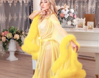 Yellow Long Tulle Marabou Feather Dressing Gown, Sexy lingerie, Feather Sexy Robe, Vintage Bridal feather Robe, Maternity Photo Shoot Dress