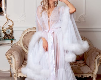 Bridal White Marabou Feather Boudoir Dressing Gown, Glamour feather robe, Feather Dress, Bridal Sexy Lingerie, Luxury Long Wedding Lingerie