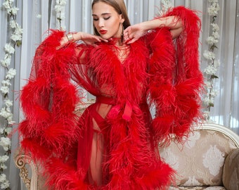 Ostrich Feather Luxury Dressing Gown, Boudoir Glamour Feather Lingerie, Red Ostrich Tulle Mesh Sexy Robe, Valentine's day Birthday Gift Idea