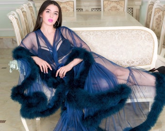 Donkerblauwe veren badjas, luxe Boudoir veren gewaad, Marabou veer transparante Tule lange sexy lingerie, zwangerschaps fotoshoot