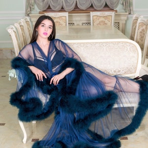 Dark blue Feather Dressing Gown, Luxury Boudoir Feather Robe, Marabou feather Transparent Tulle Long Sexy Lingerie, Maternity photo shoot